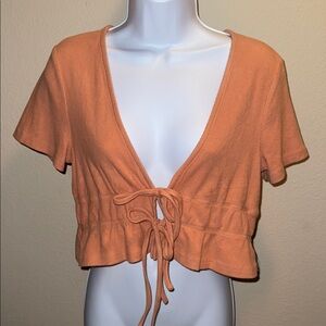 Lulu's Terracotta Double Tie-Front Short Sleeve Ribbed Corduroy Cardigan Size L